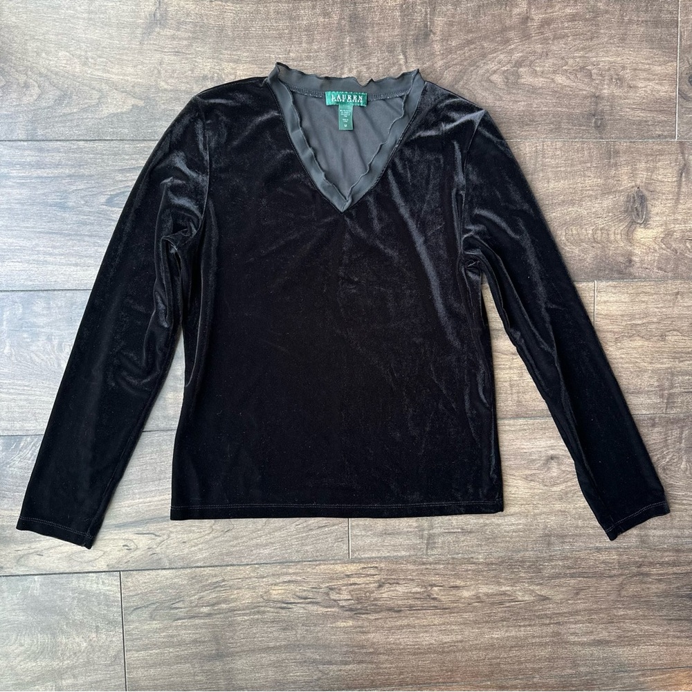 Lauren Ralph Lauren Black Velour V-Neck Long Sleeve Top - Women’s Size: Medium